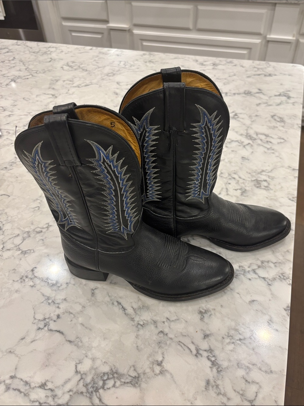 Tony Lama Black Leather Cowboy Boots with Blue & Gray Stitching